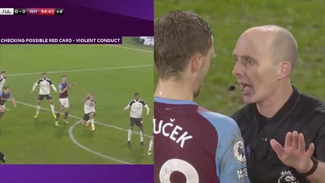 Tomas Soucek harshly sent off by Mike Dean after VAR review Tomas Soucek harshly sent off by Mike Dean after VAR review
